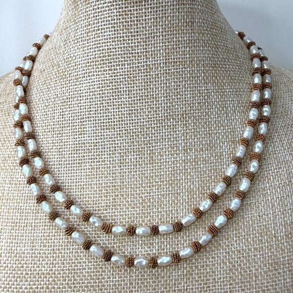 Anne Klein Vintage Long Faux Pearl & Gold-Tone Beaded Necklace Double Strand Wea - Picture 2 of 15